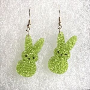 Glittery Green Bunny Peep Bunnies Easter Silver Toned Earrings
